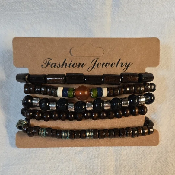 Brown Wooden Beaded Bracelet Set - Picture 2 of 3